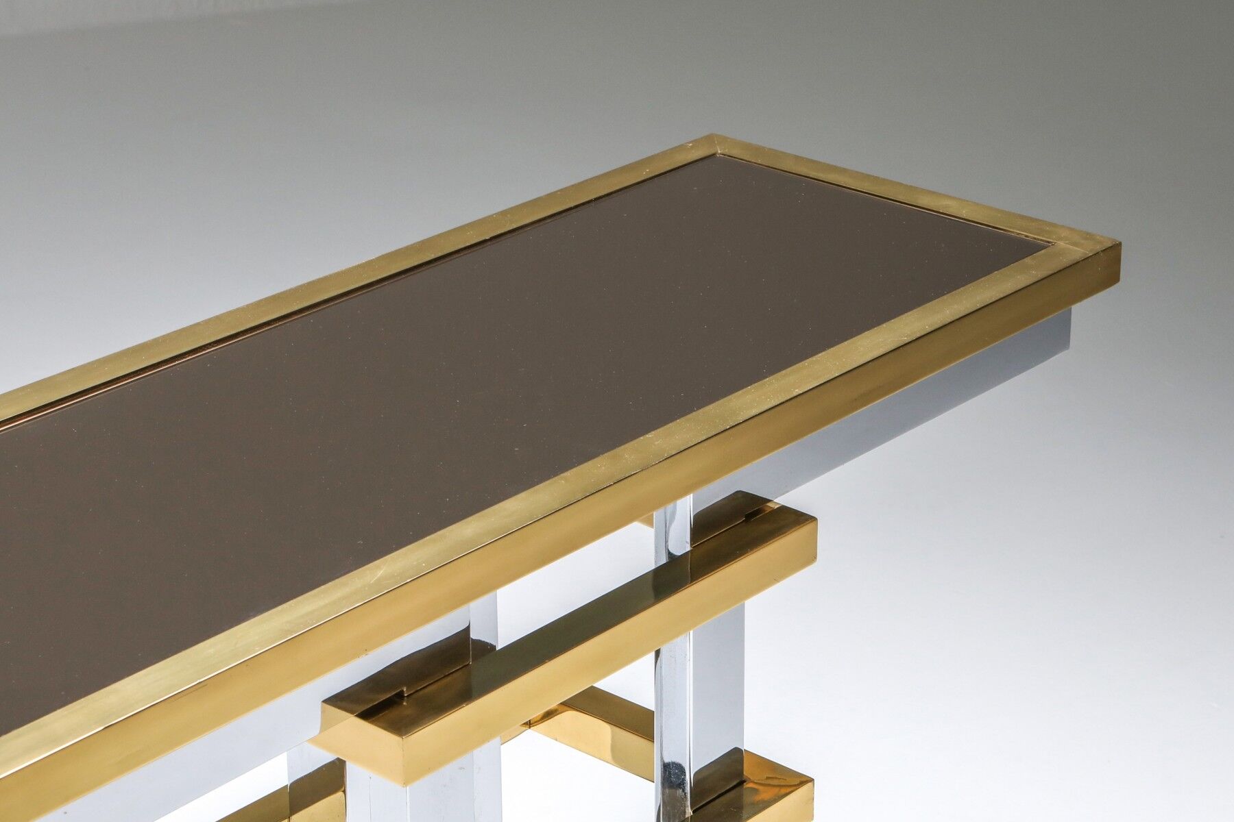 Brass and chrome console with 1970 Duchise glass tray