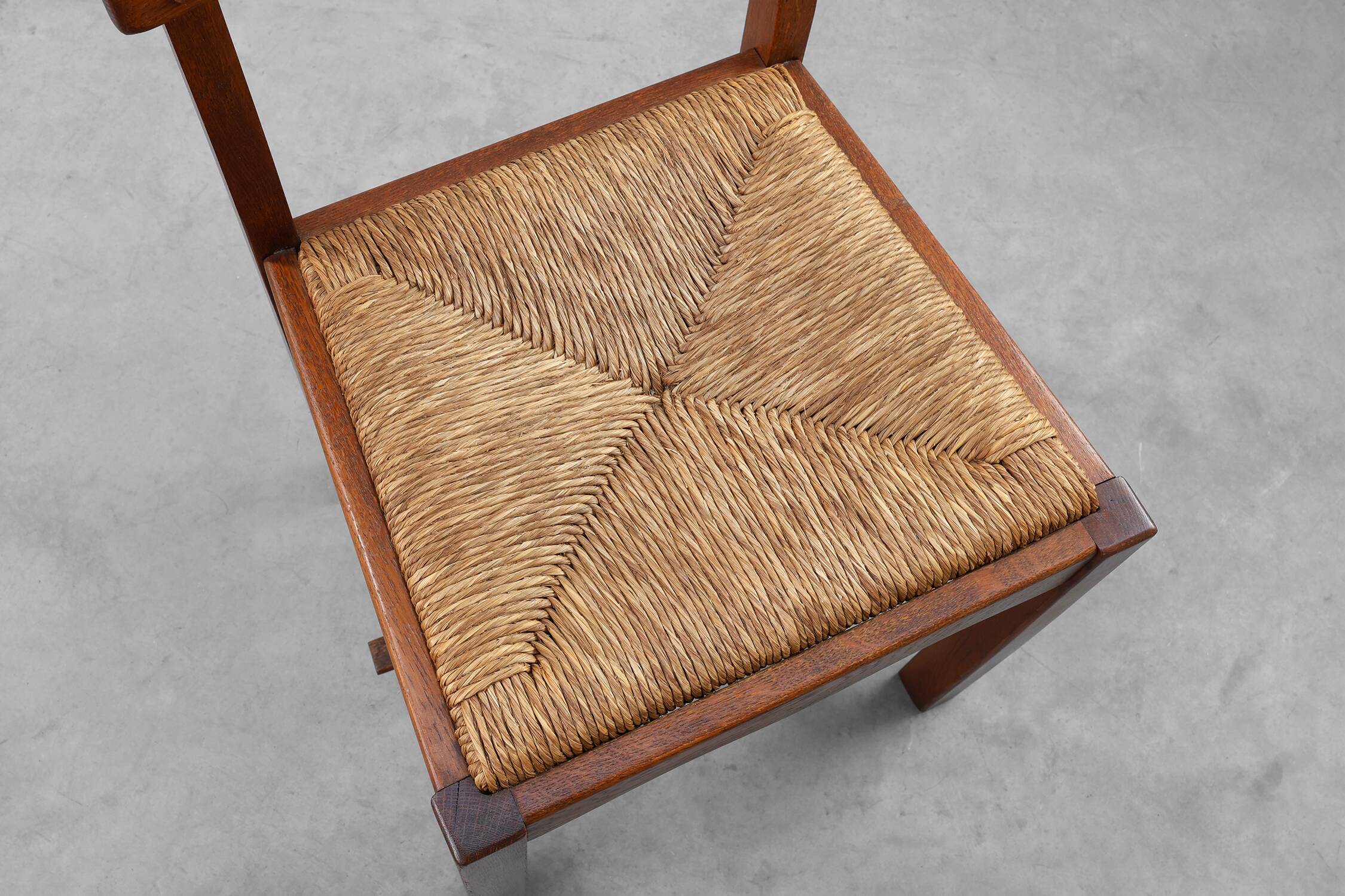 1960s Belgian Mid-Century Chair in Oak and Wicker, Brutalist Style