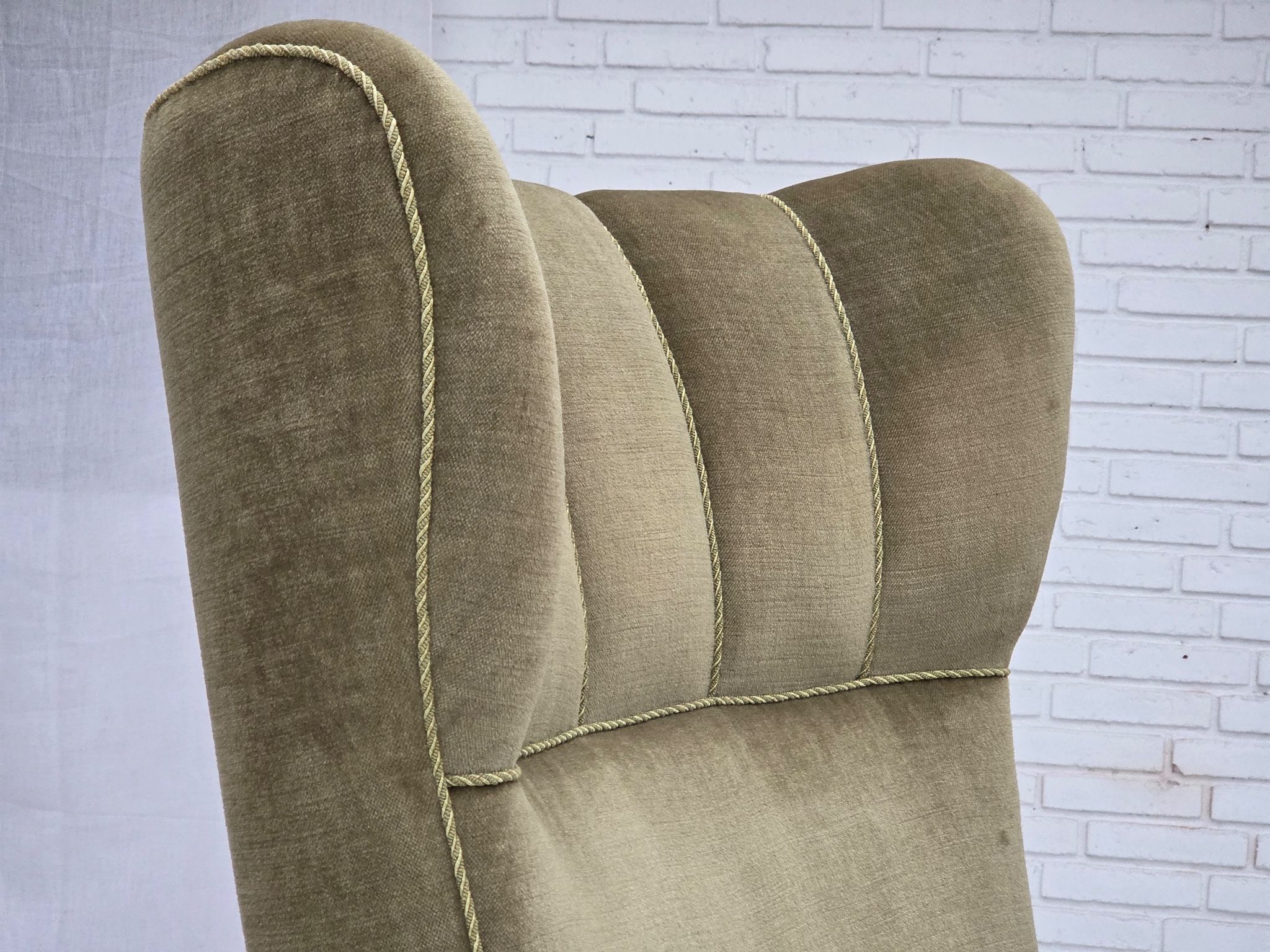 1960s, Danish highback armchair, furniture velour, oak wood.