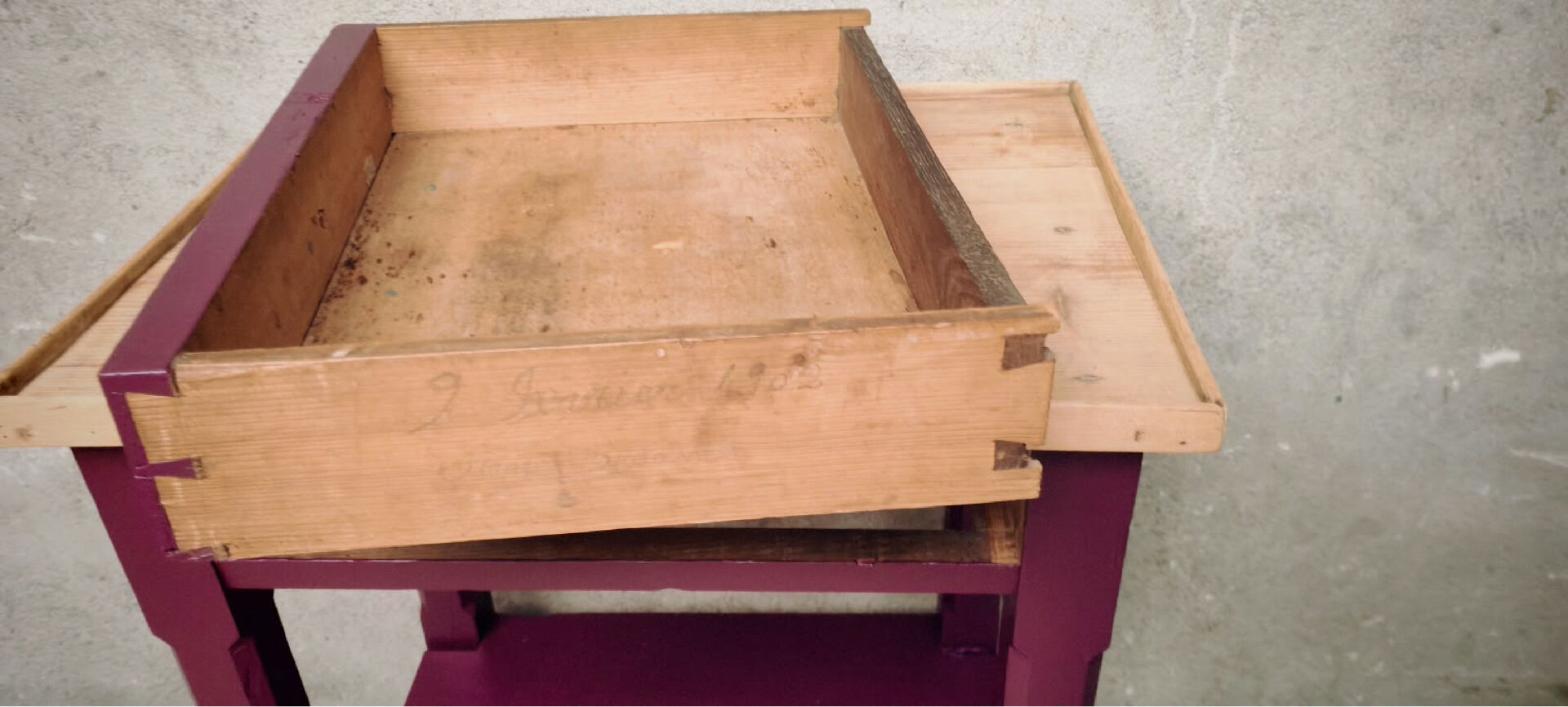 Wood and aubergine bedside table