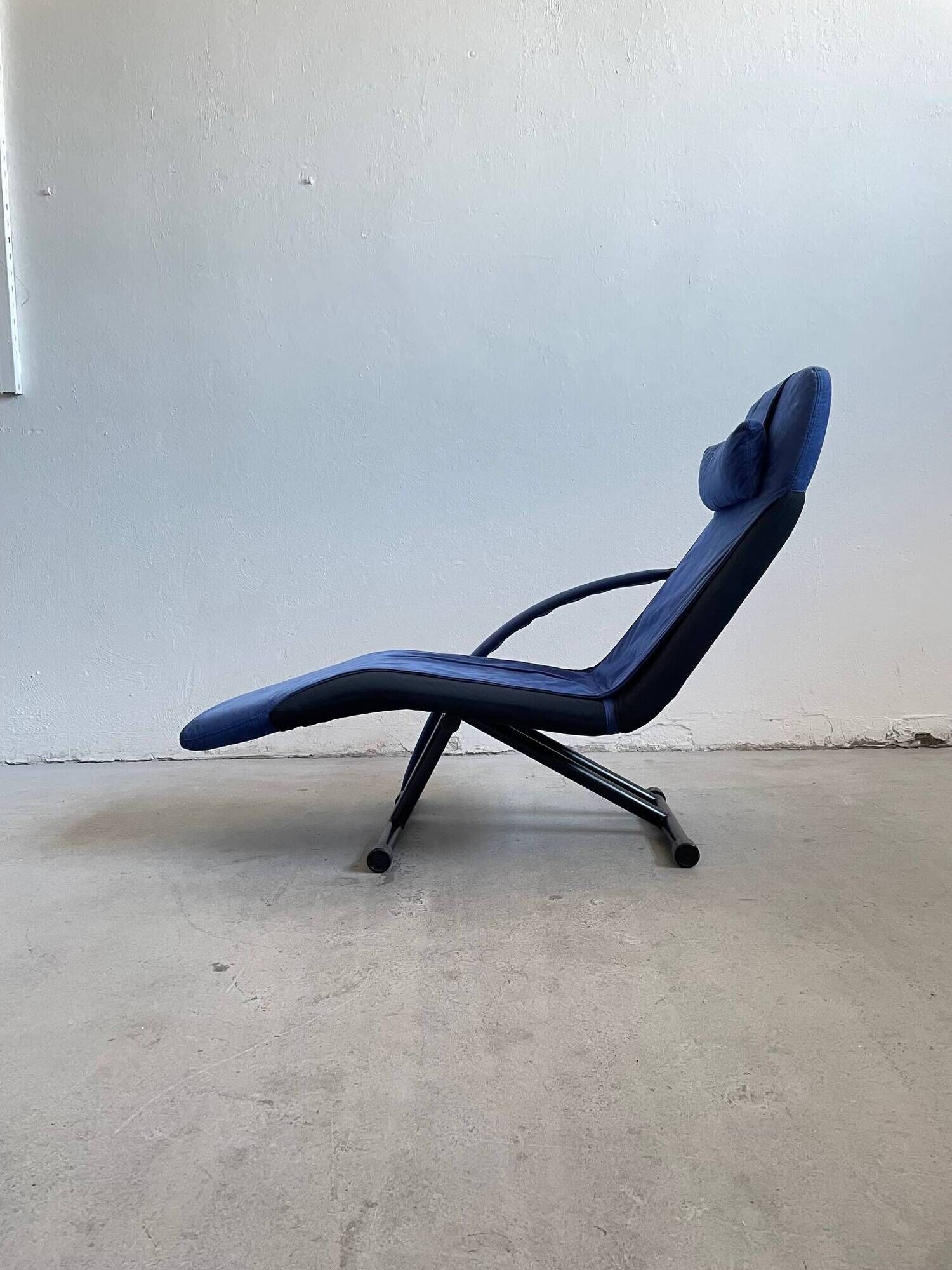 1980s Designer Lounge Chair in black fabric and blue Alcantara cover