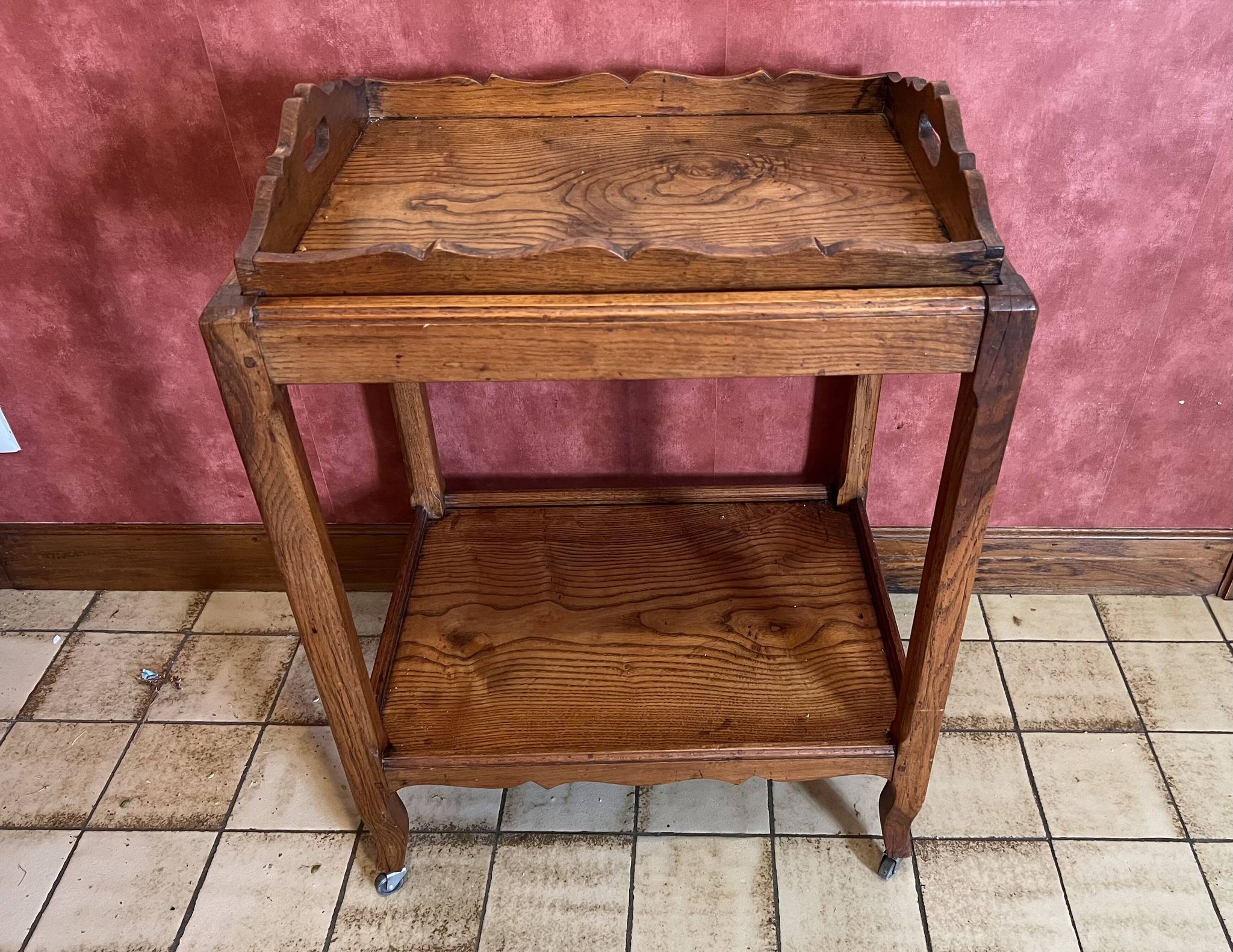Desserte en bois sur roulettes avec plateau amovible, années 60