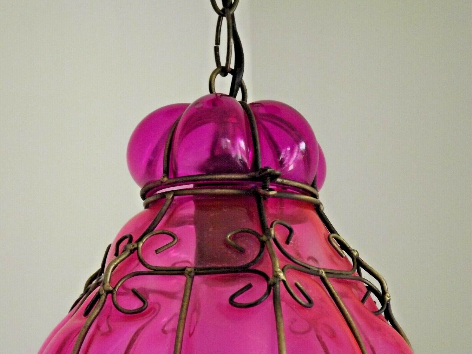 Beautiful Shaded Deep Pink  Murano Blown Glass Wrought Iron Ceiling Light