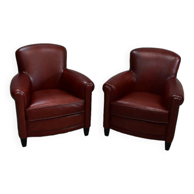 Paire de Petits Fauteuils Club en Cuir de Mouton - Reproduction