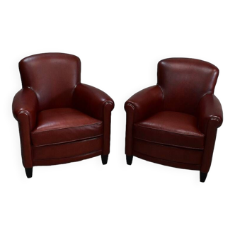 Paire de Petits Fauteuils Club en Cuir de Mouton - Reproduction