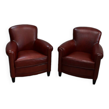 Pair of Small Club Armchairs in Sheepskin - Reproduction