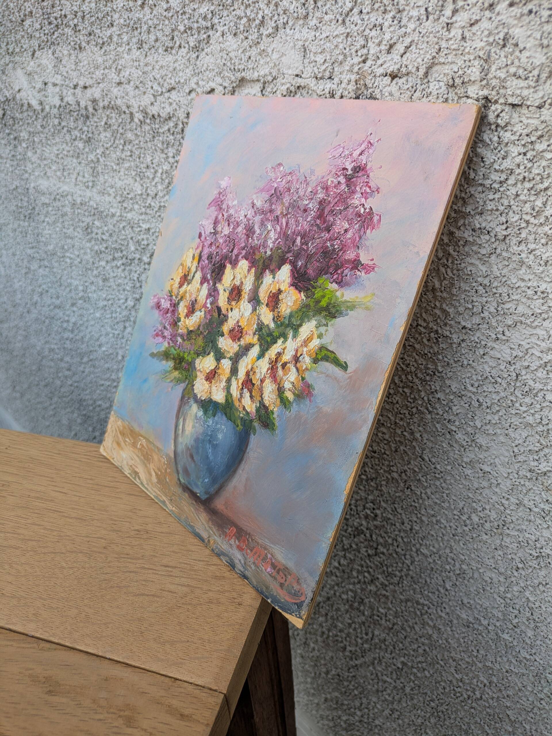 Bouquet of flowers, oil on cardboard