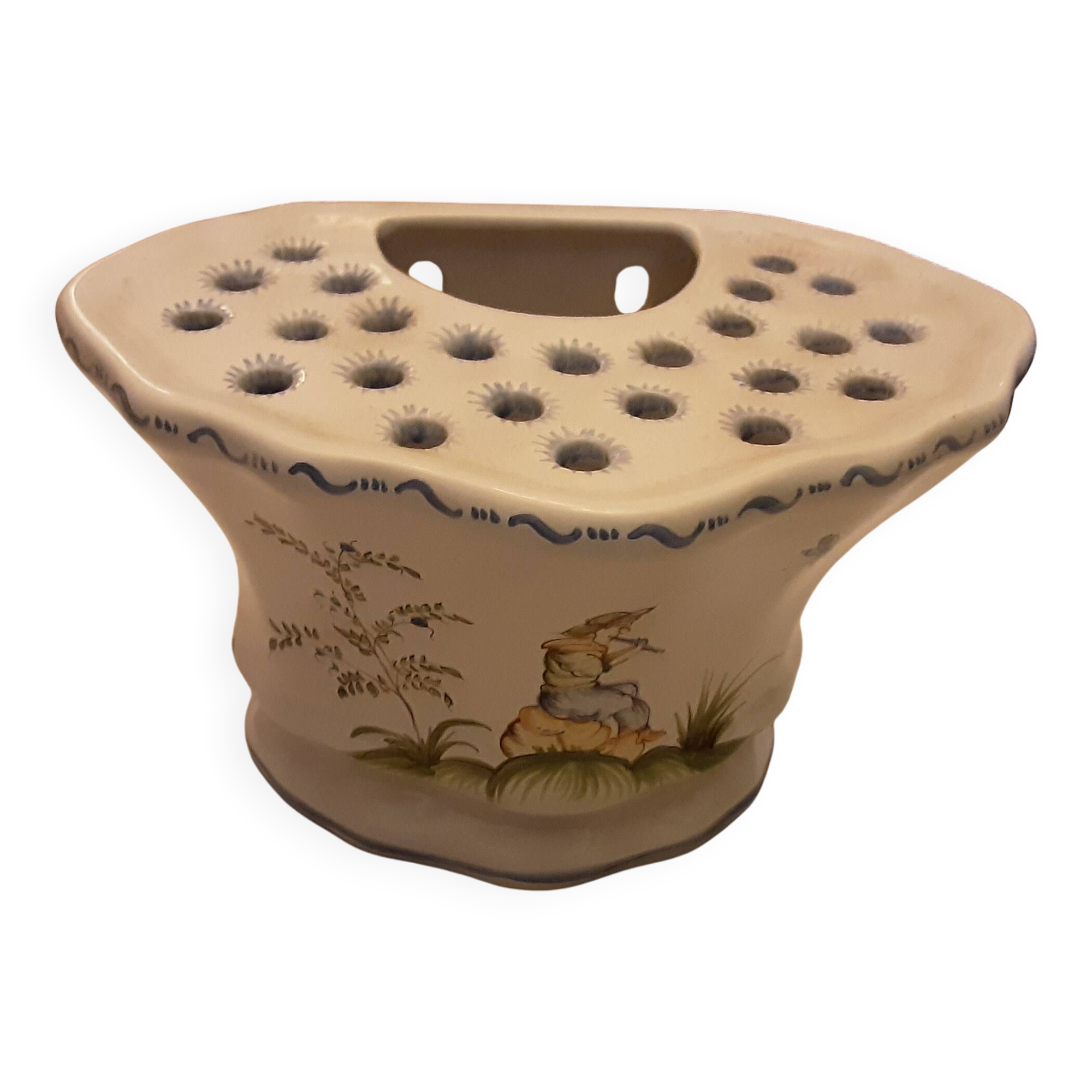 Handmade signed moustier pottery bouquet holder