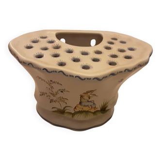 Handmade signed moustier pottery bouquet holder