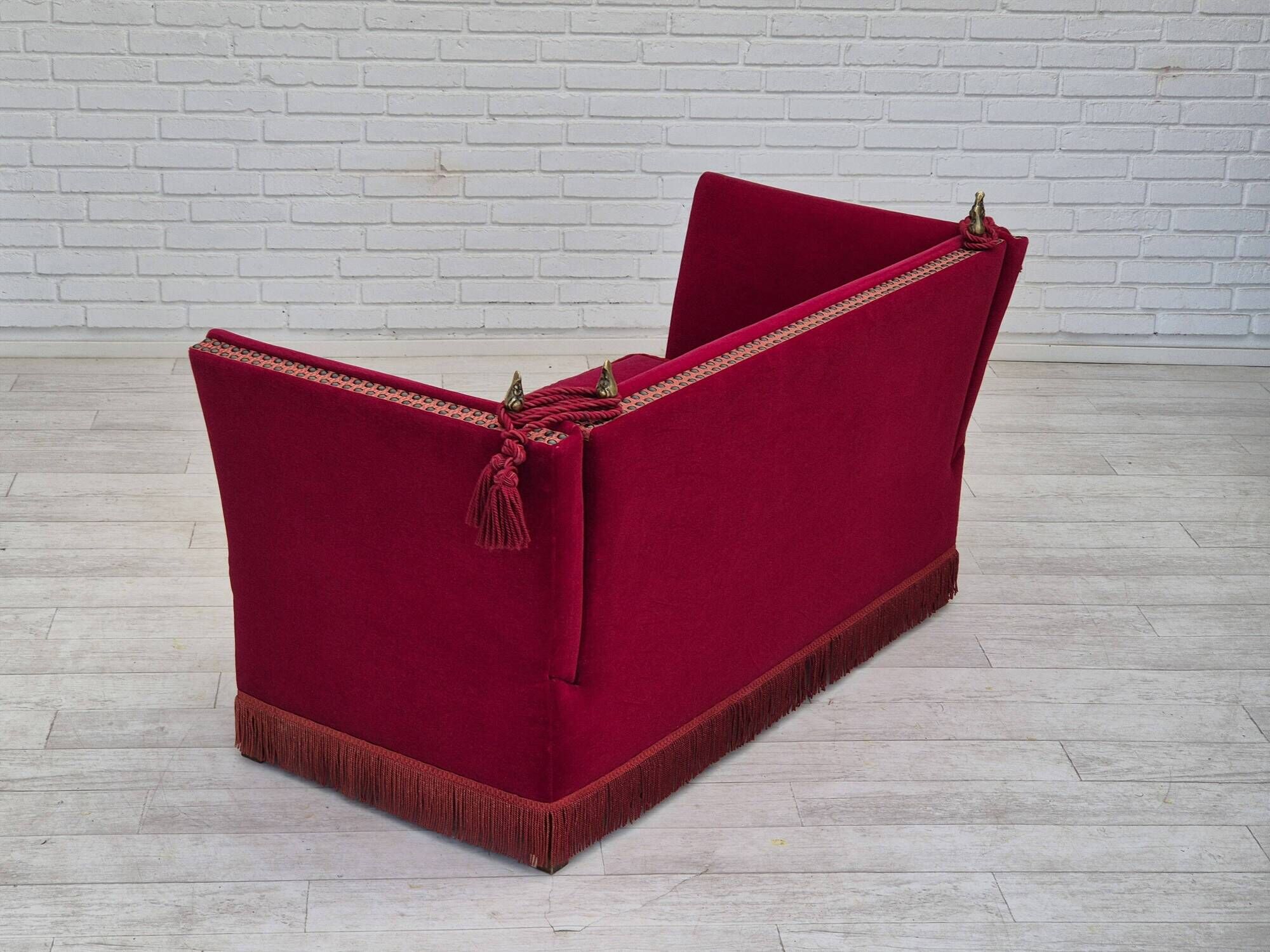 1970s, Danish drop arm "Spanish" sofa, original condition, cherry red furniture velour.