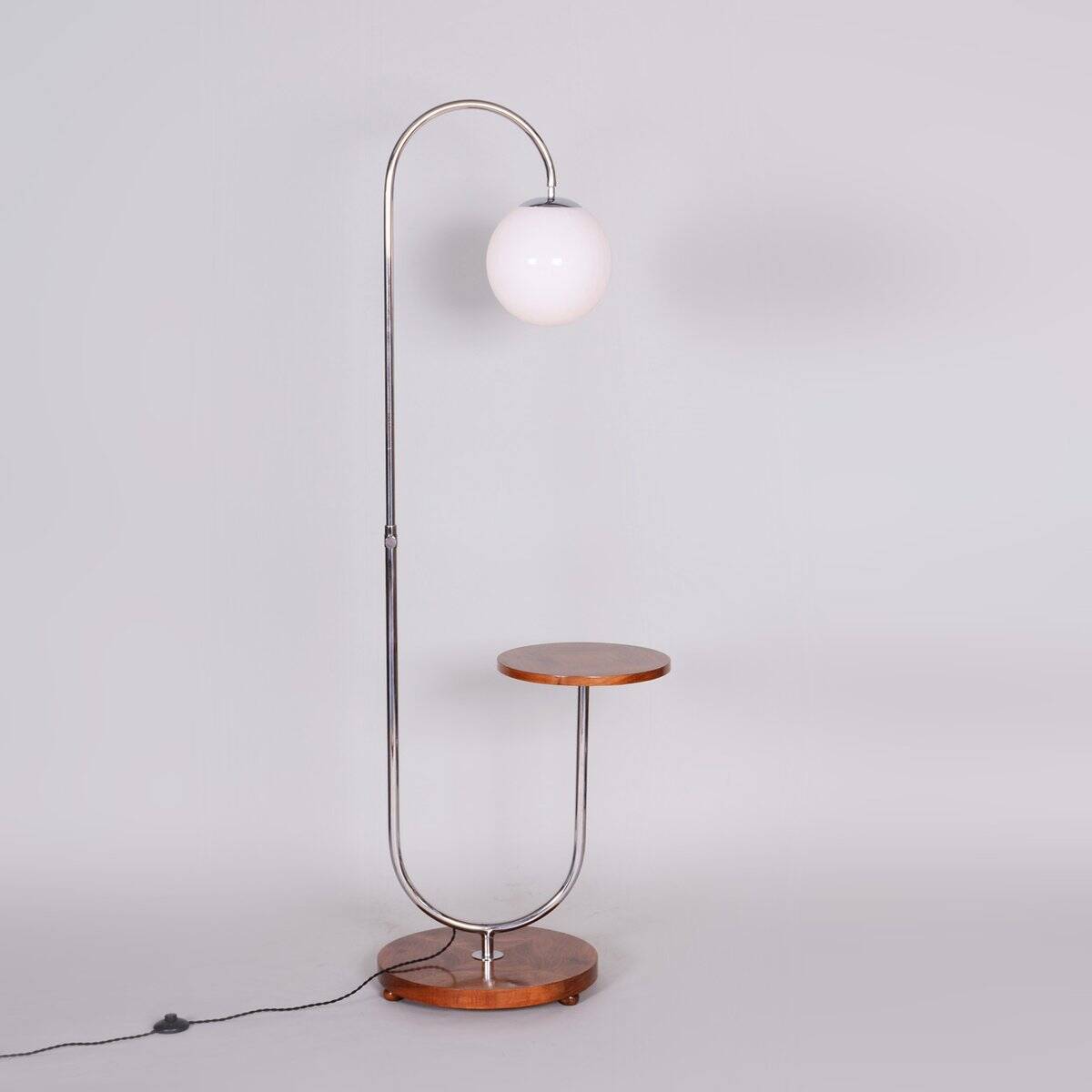 Bauhaus Adjustable Floor Lamp in Walnut and Chrome attributed to R. Slezák, Czech, 1930s