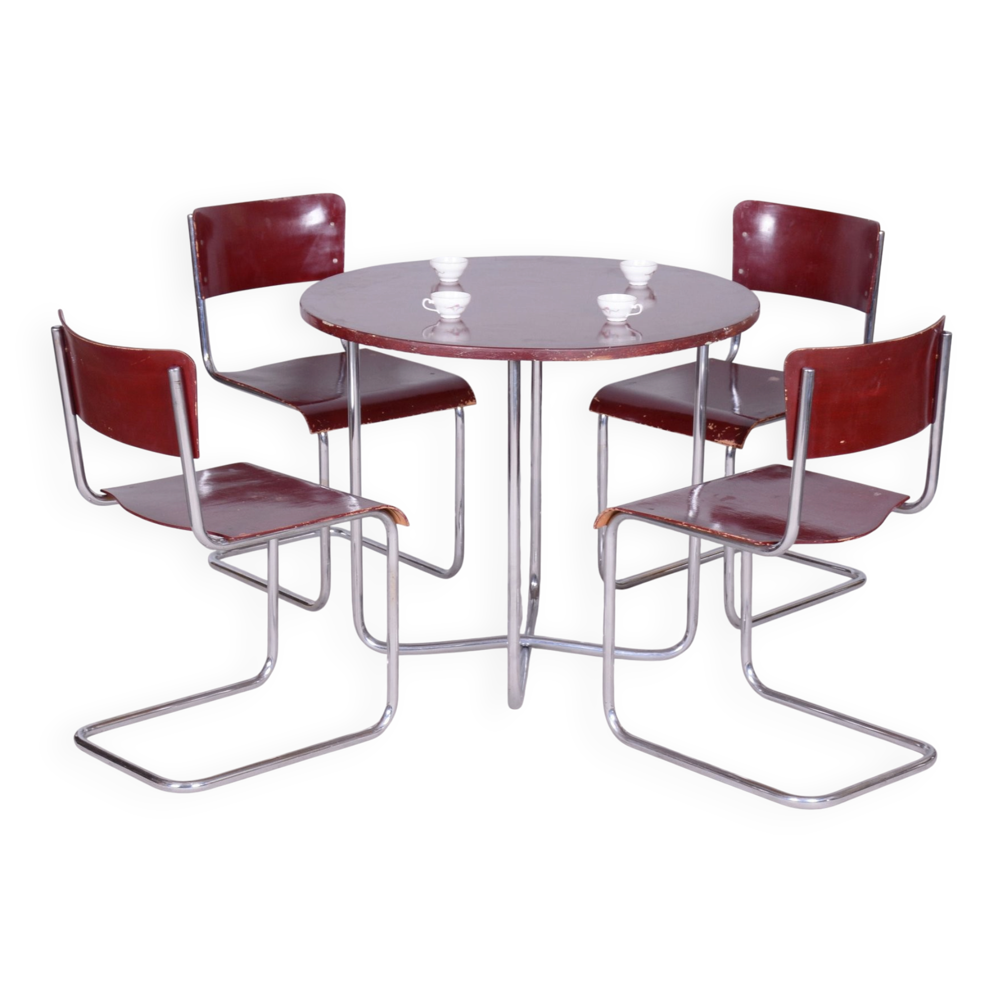 Czech Bauhaus Chrome Dining Table and Chairs attributed to Hynek Gottwald, 1930s, Set of 5