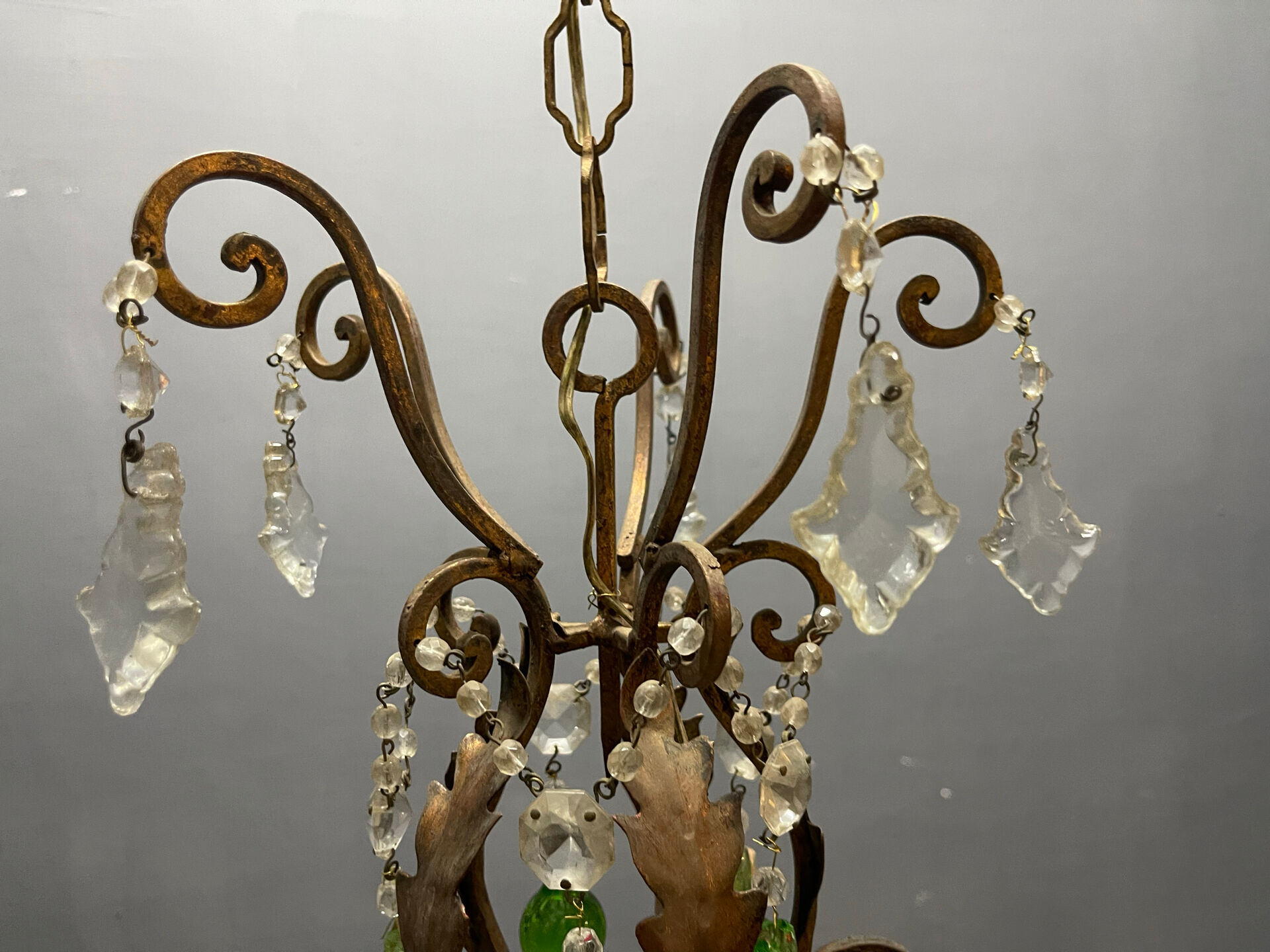 Italian 5-Light Tole Chandelier with Green & Amber Murano Glass Drops,