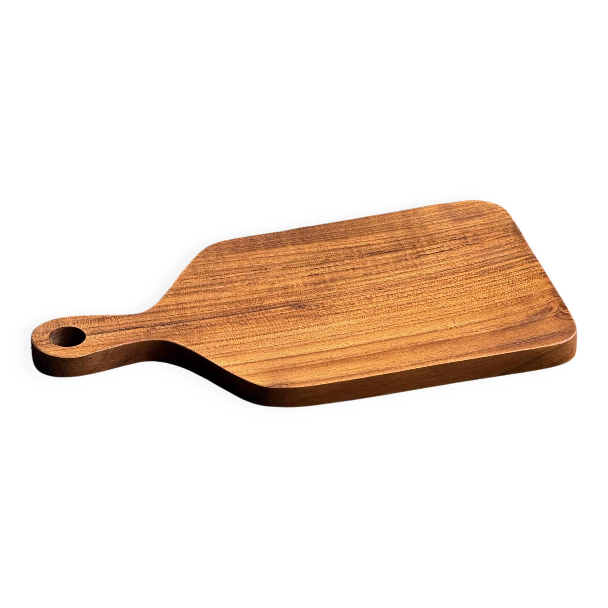 Rectangular solid teak chopping board with elongated handle 30x16.