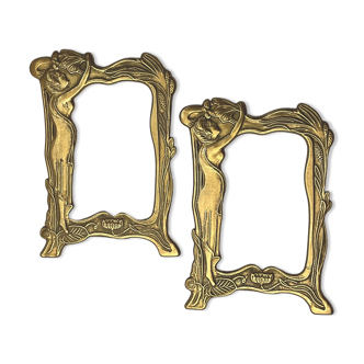 Pair of brass frames with Art Nouveau style woman