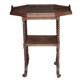 Vintage turned wood dessert trolley, wheeled table with removable top.