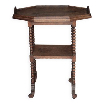 Vintage turned wood dessert trolley, wheeled table with removable top.