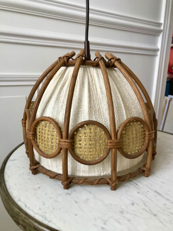 Suspension scandinave en rotin toile et cannage années 60-70
