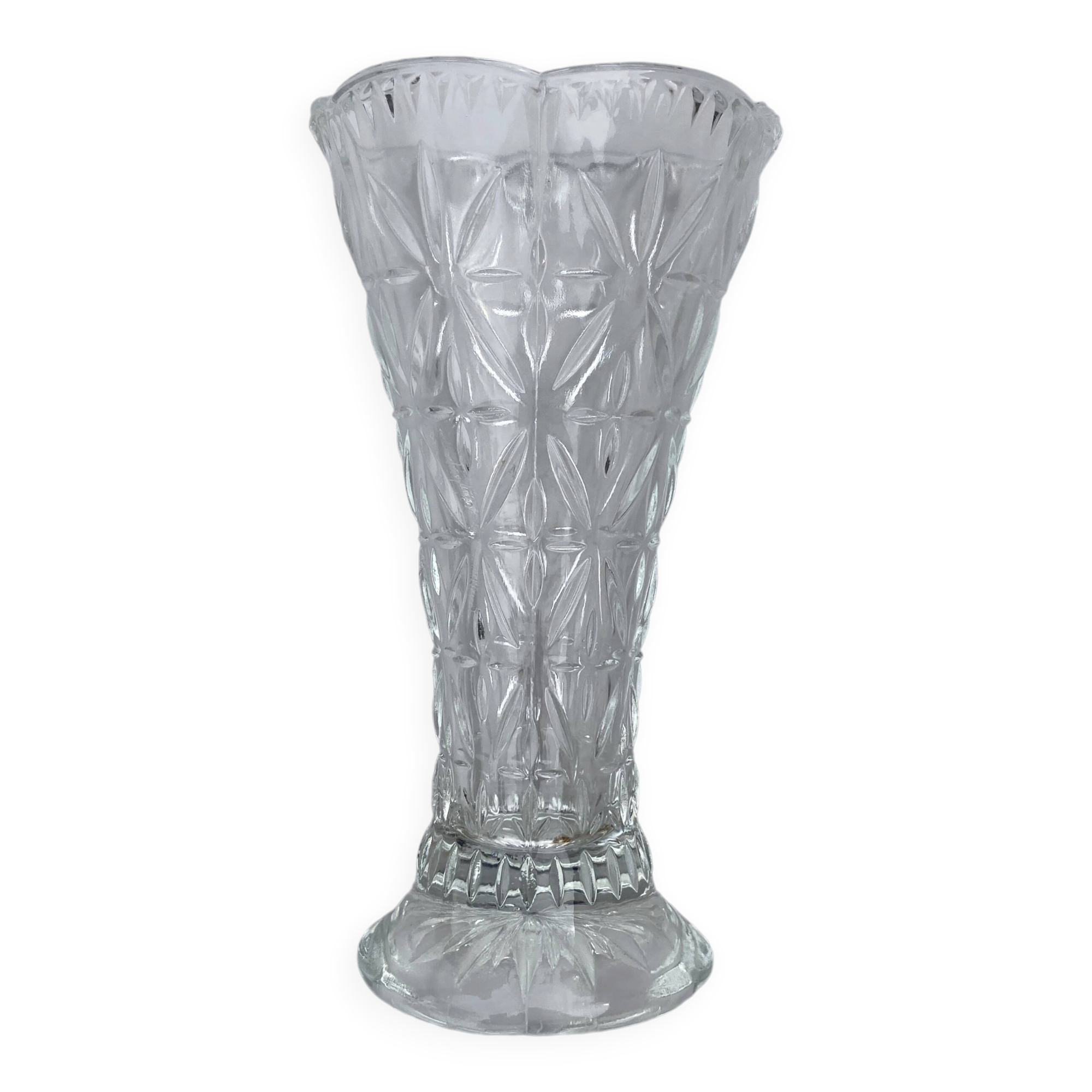 Vintage moulded glass vase from the 60s-70s, geometric design.