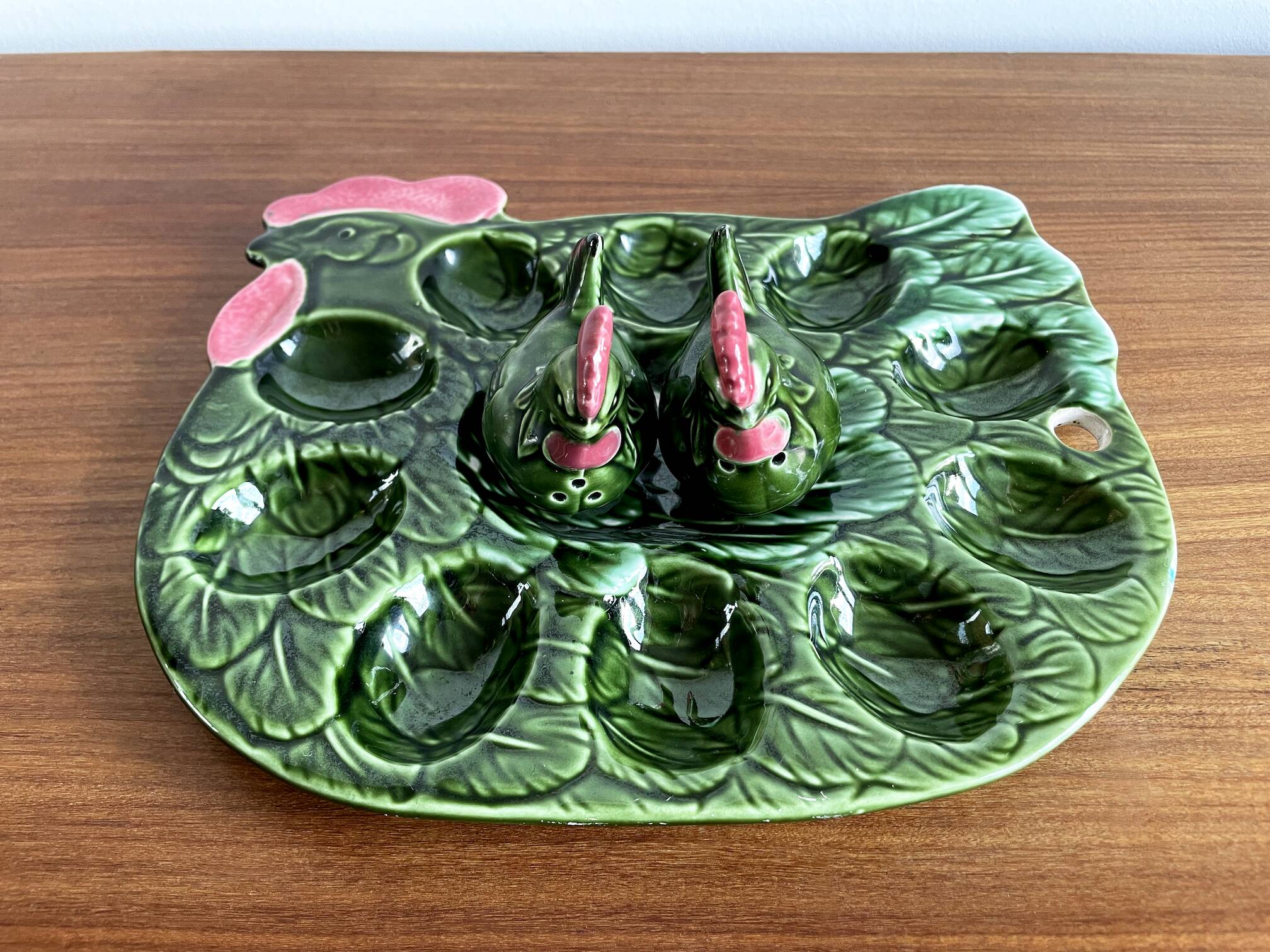 Assiette à œufs farcis en majolique verte en forme de coq, support à œufs pour 10 œufs