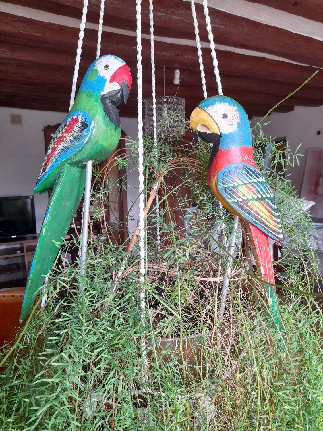 Hand-painted wooden sculpture parrot Vintage exotic macaw