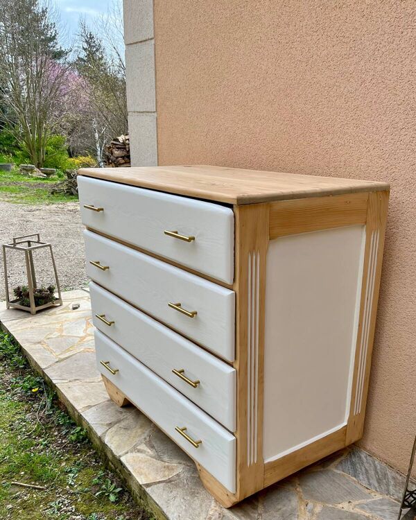 Commode XXL vintage en sapin massif relookée blanc et bois