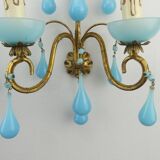 Pair of vintage wall lamps Murano blue opaline tassels