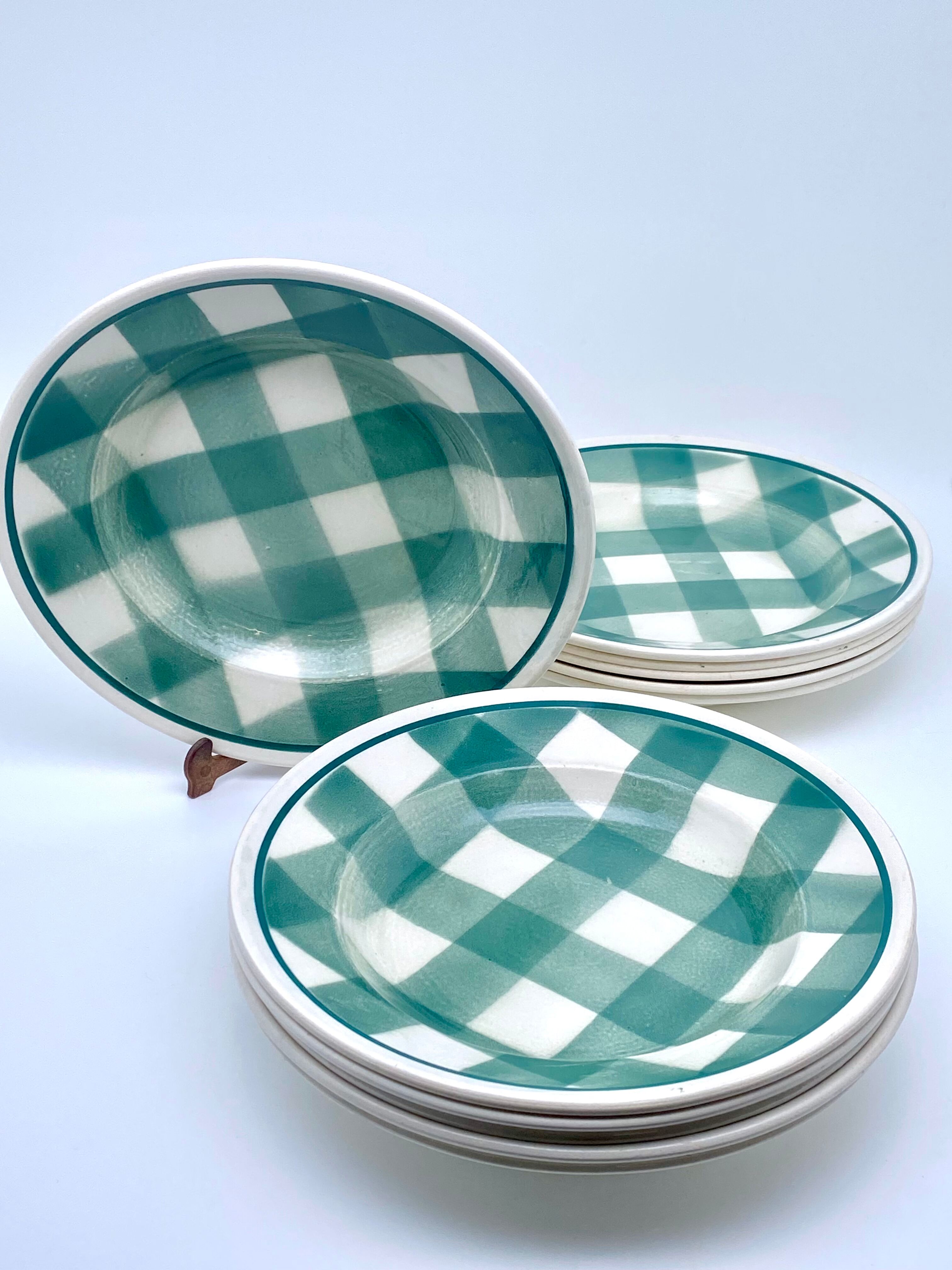 Vintage beige and green checkered service