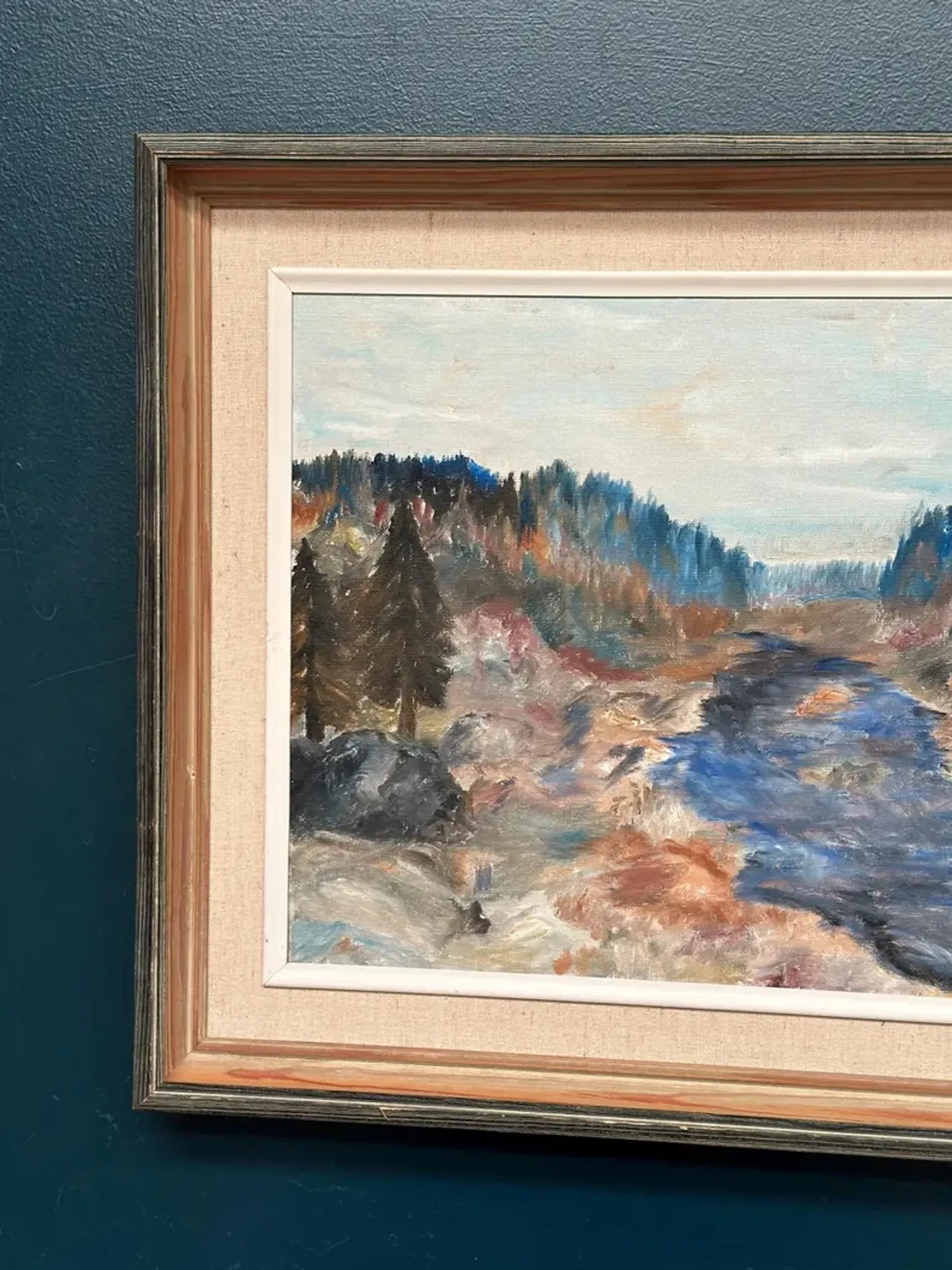 Original Swedish Oil on Canvas – “Landscape with River and Forest” by Kaj – Signed – Vintage & Framed – 60 × 52 cm (23.6" × 20.5")