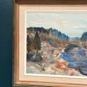 Original Swedish Oil on Canvas – “Landscape with River and Forest” by Kaj – Signed – Vintage & Framed – 60 × 52 cm (23.6" × 20.5")