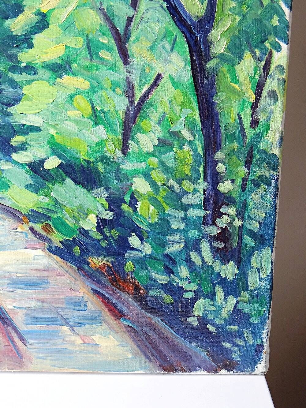 Modern colourful landscape tableau oil on canvas vintage village signed Gaulot