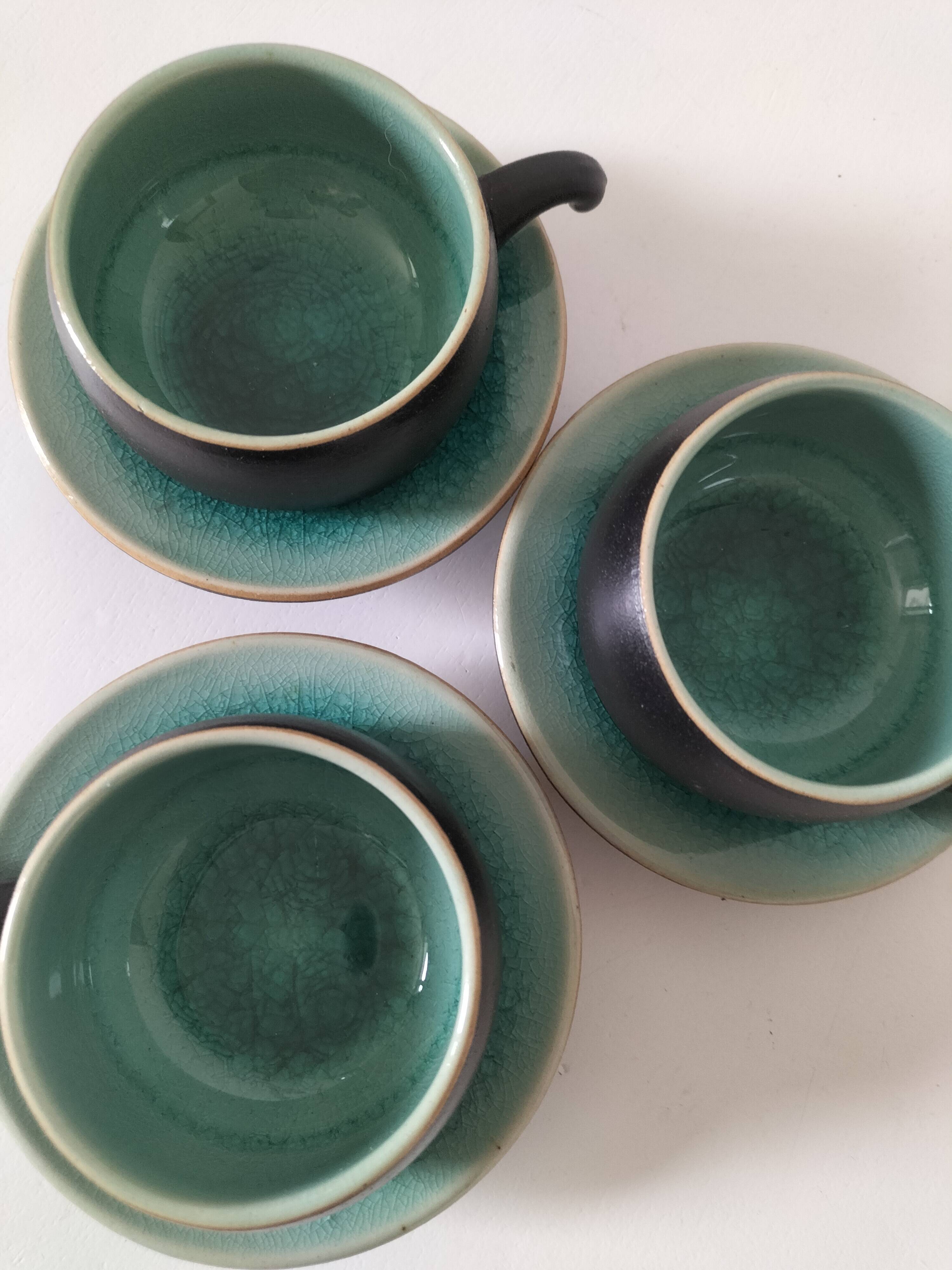 Set of three ceramic cups and saucers – crackled turquoise glaze
