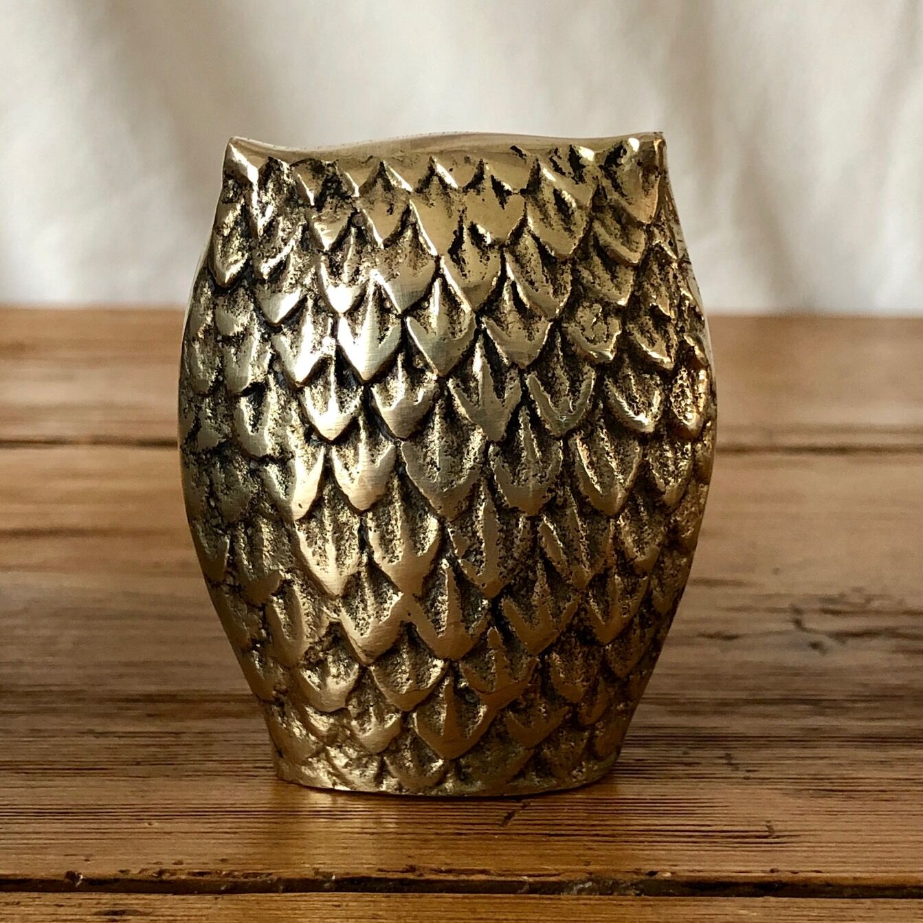 Owl vintage brass green eyes