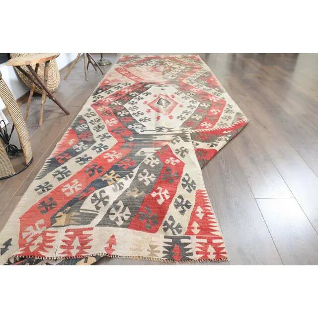 1970s Turkish Oushak Handmade Wool Cotton Red Kilim Runner Rug 130x400