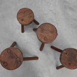 Brutalist French 1850s solid oak tripod stools with metal rim, set of 4