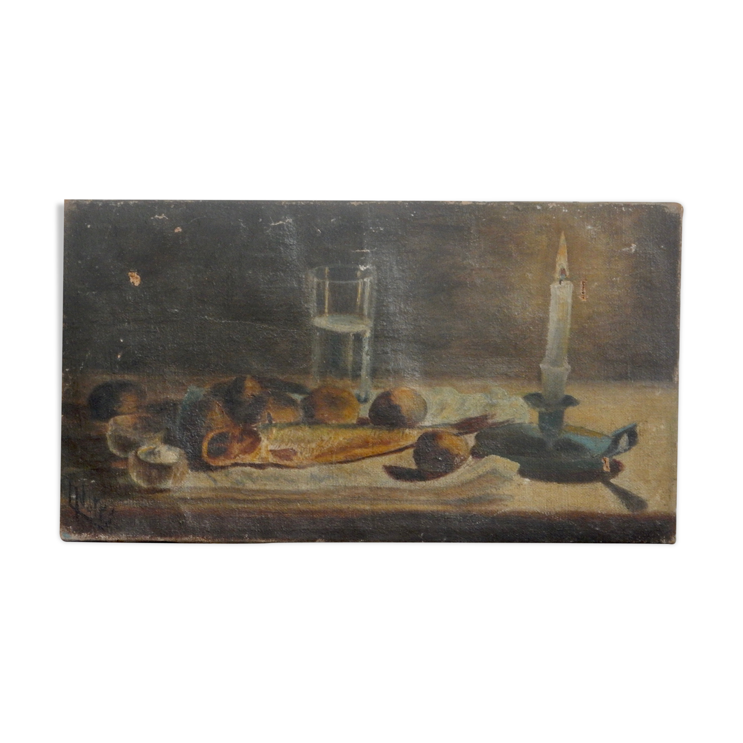 Oil on canvas still life painting lit by candlelight