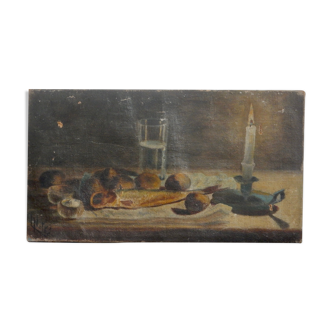 Huile sur toile peinture nature morte éclairée à la bougie