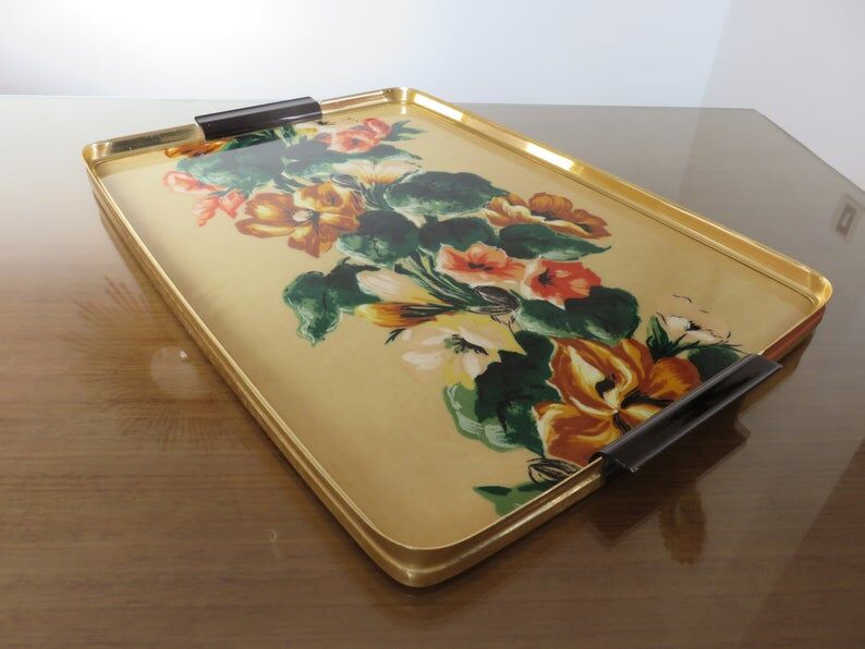 Floral formica and gold metal tray 50 60s