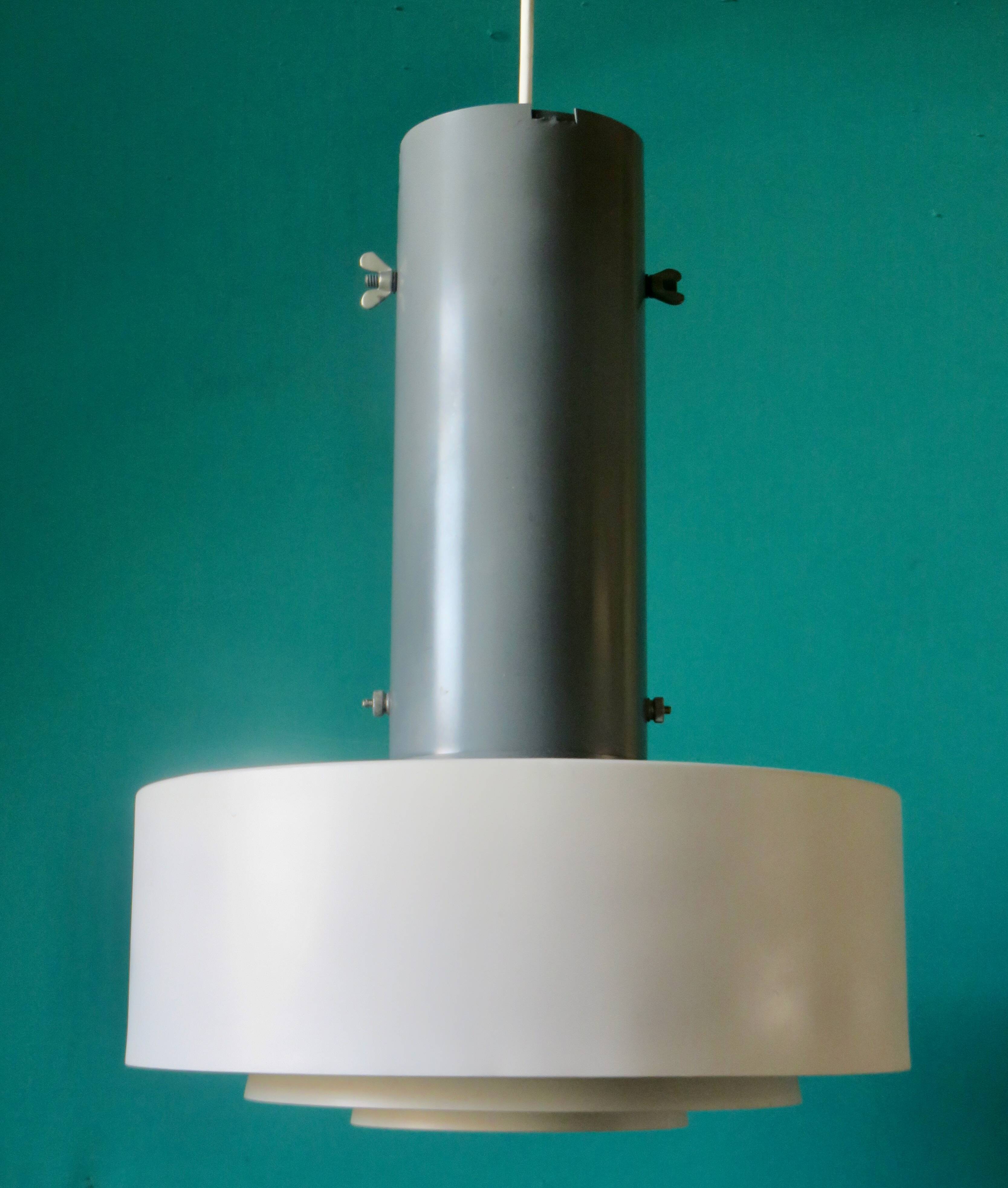 Large industrial pendant light in anthracite and white lacquered metal. Denmark, 1960