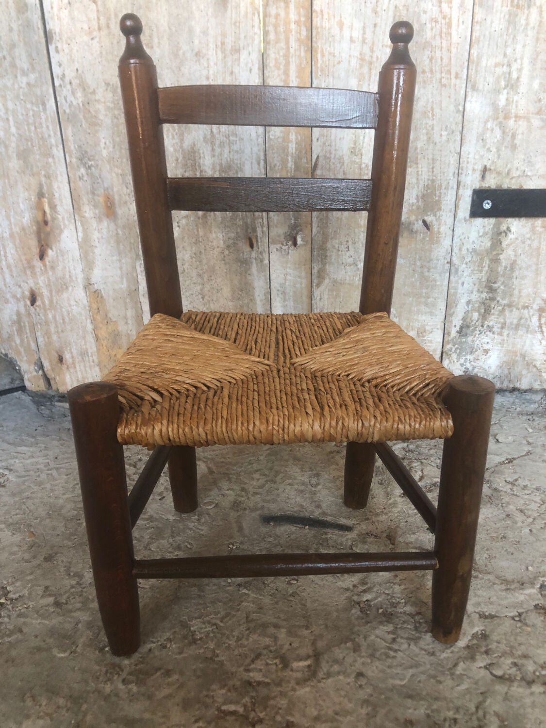 Chaise enfant bebe bois tourné + assise paille tressée vintage #a289