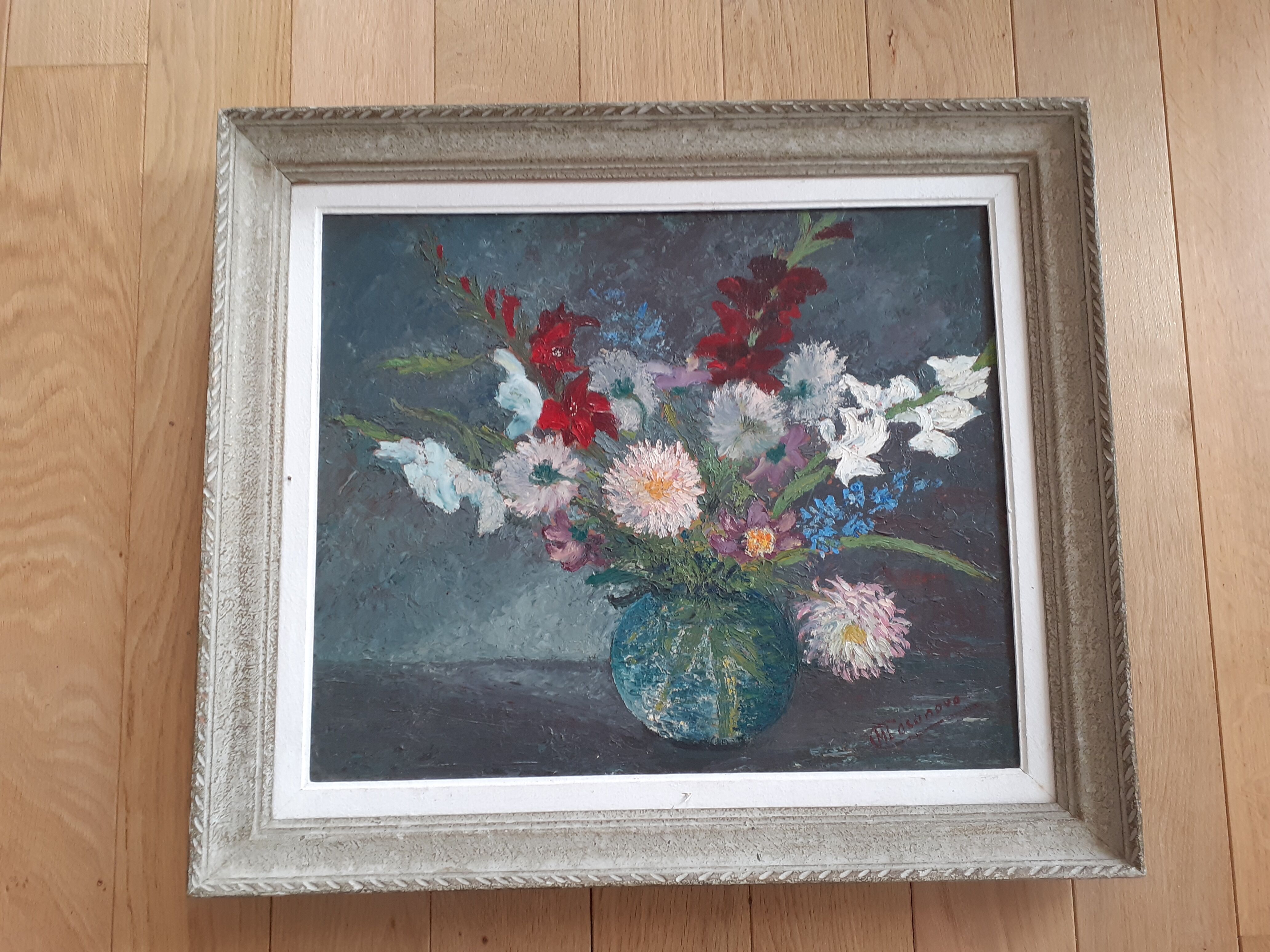 Table bouquet of flowers dahlias gladiolus