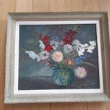 Table bouquet of flowers dahlias gladiolus