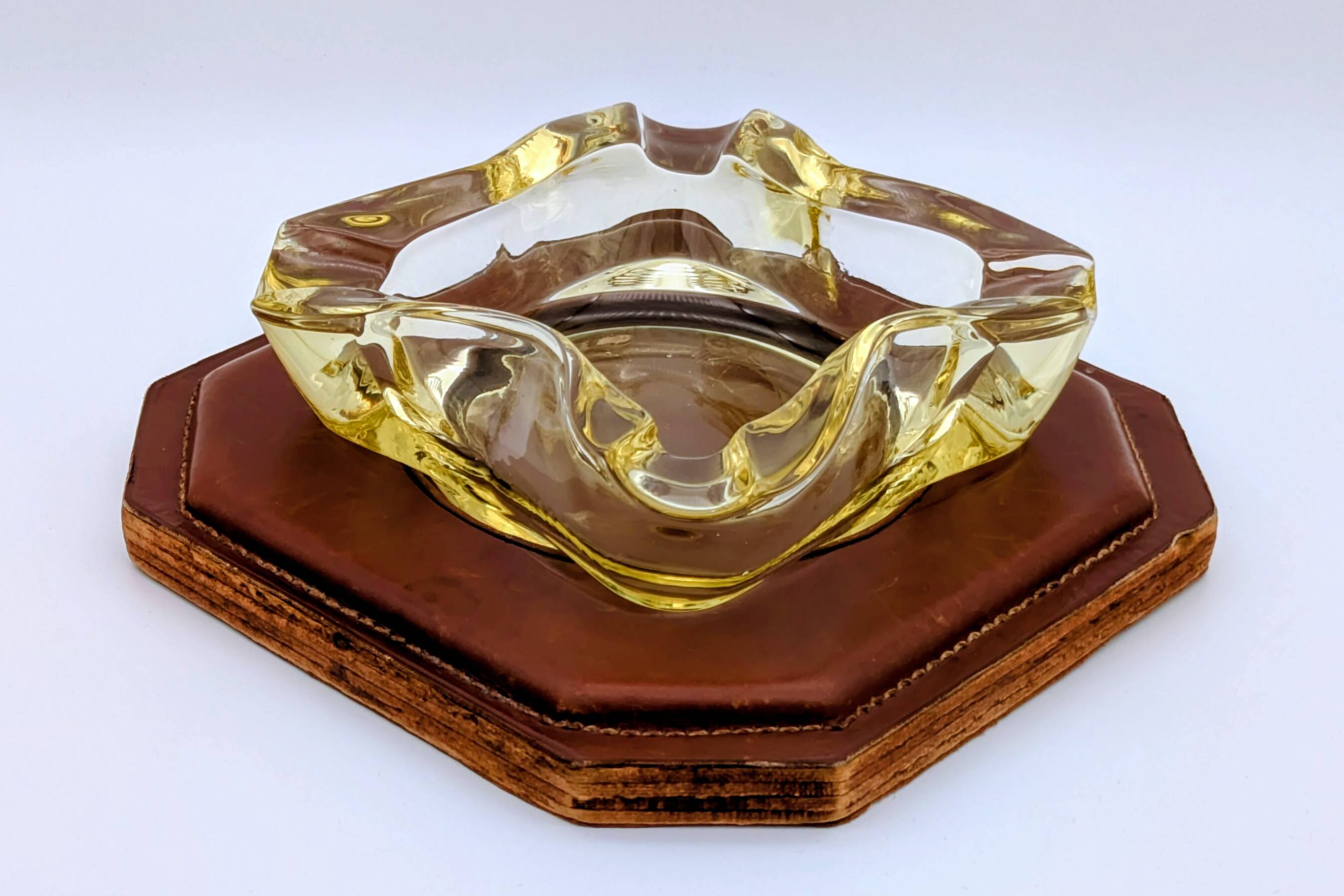 Ashtray / Catch-all Mid-Century Solid Glass Murano Style & Leather 1960