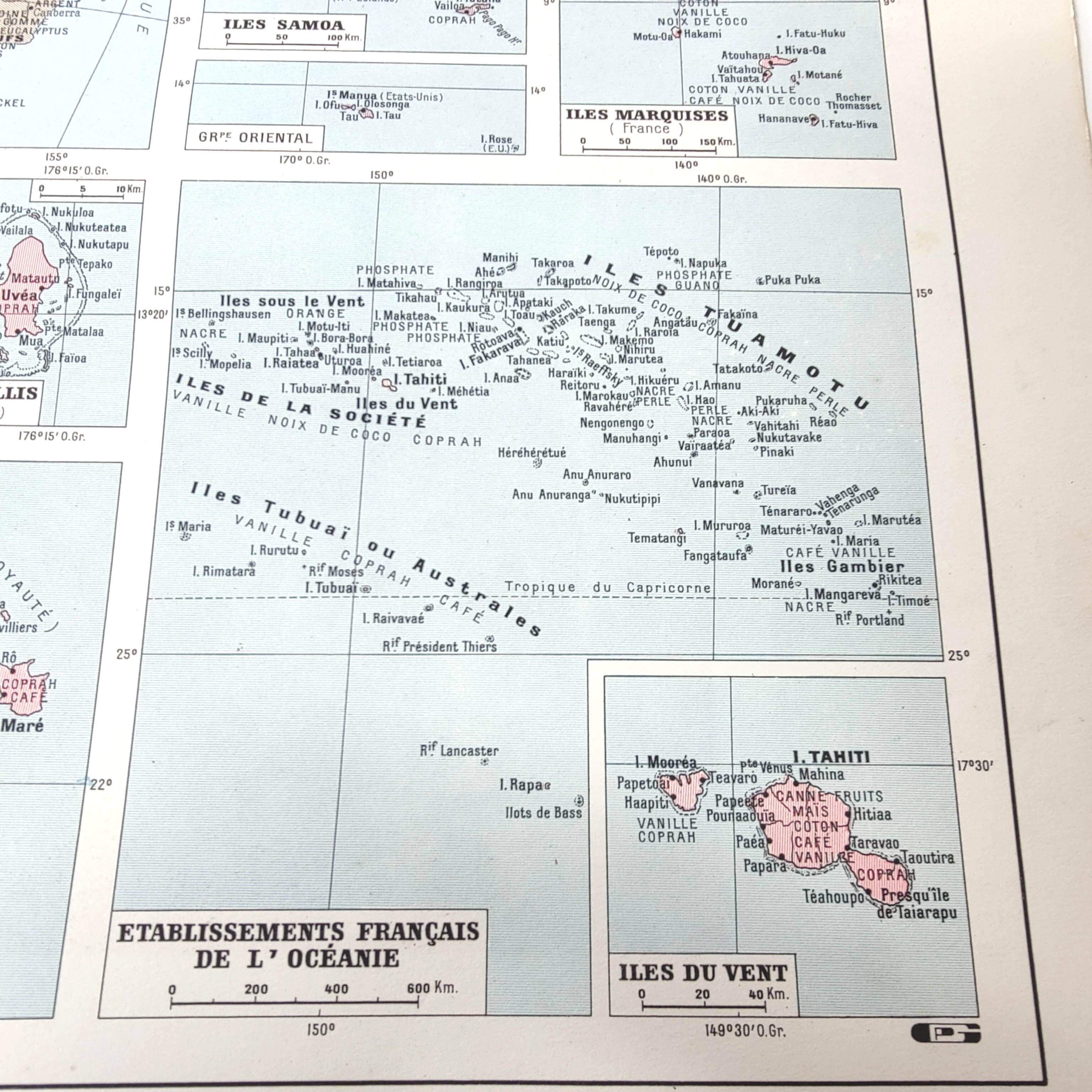 Vintage map on the islands of Oceania Australia Hawaii 43x43cm from 1950