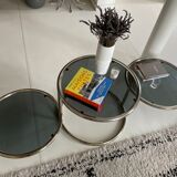 Milo Baughman vintage round coffee table with chrome swivel tops and smoked glass