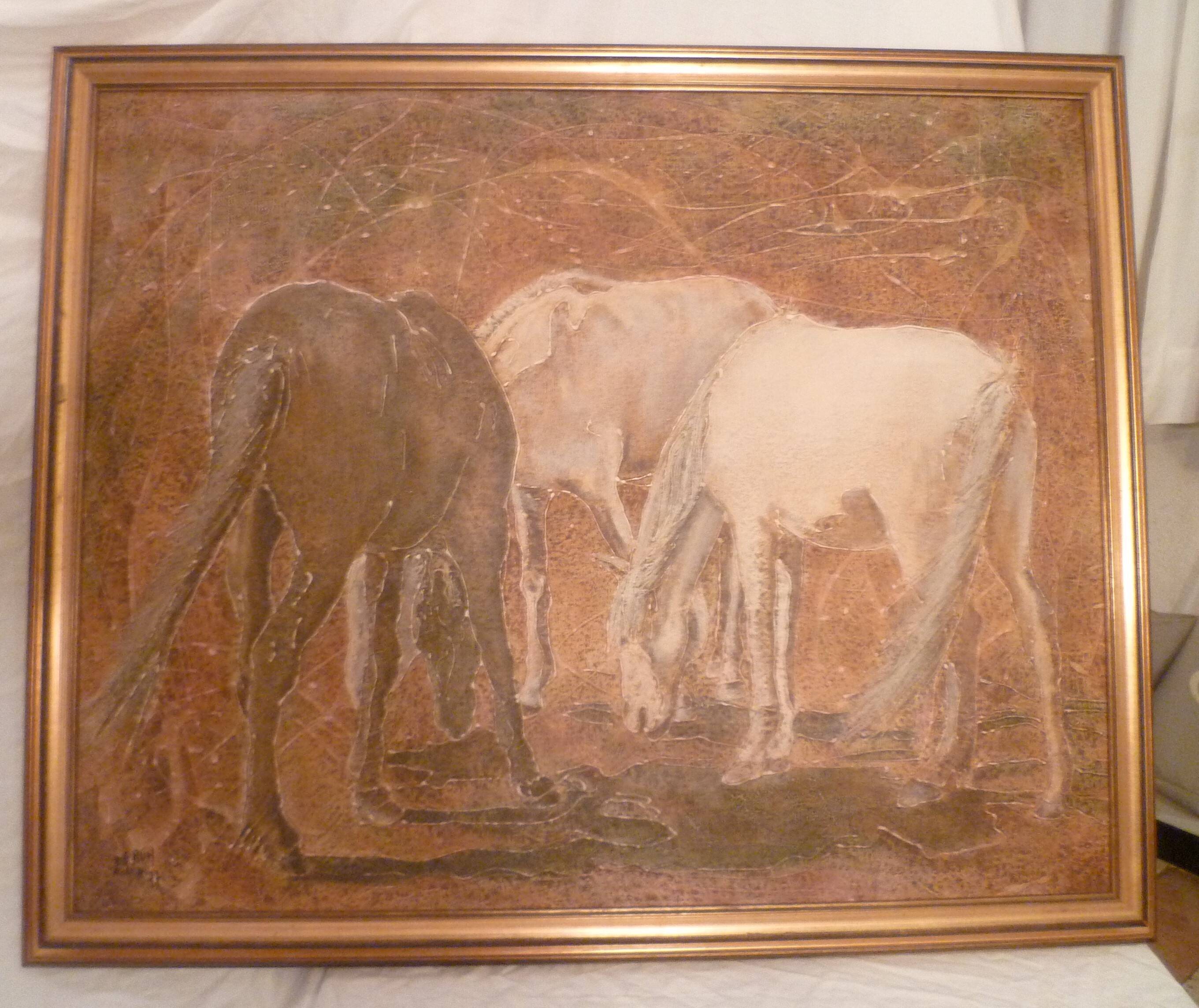 Unframed canvas painting "Horses" signed L. Grun in its frame