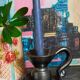 1950s iridescent black ceramic hand candle holder