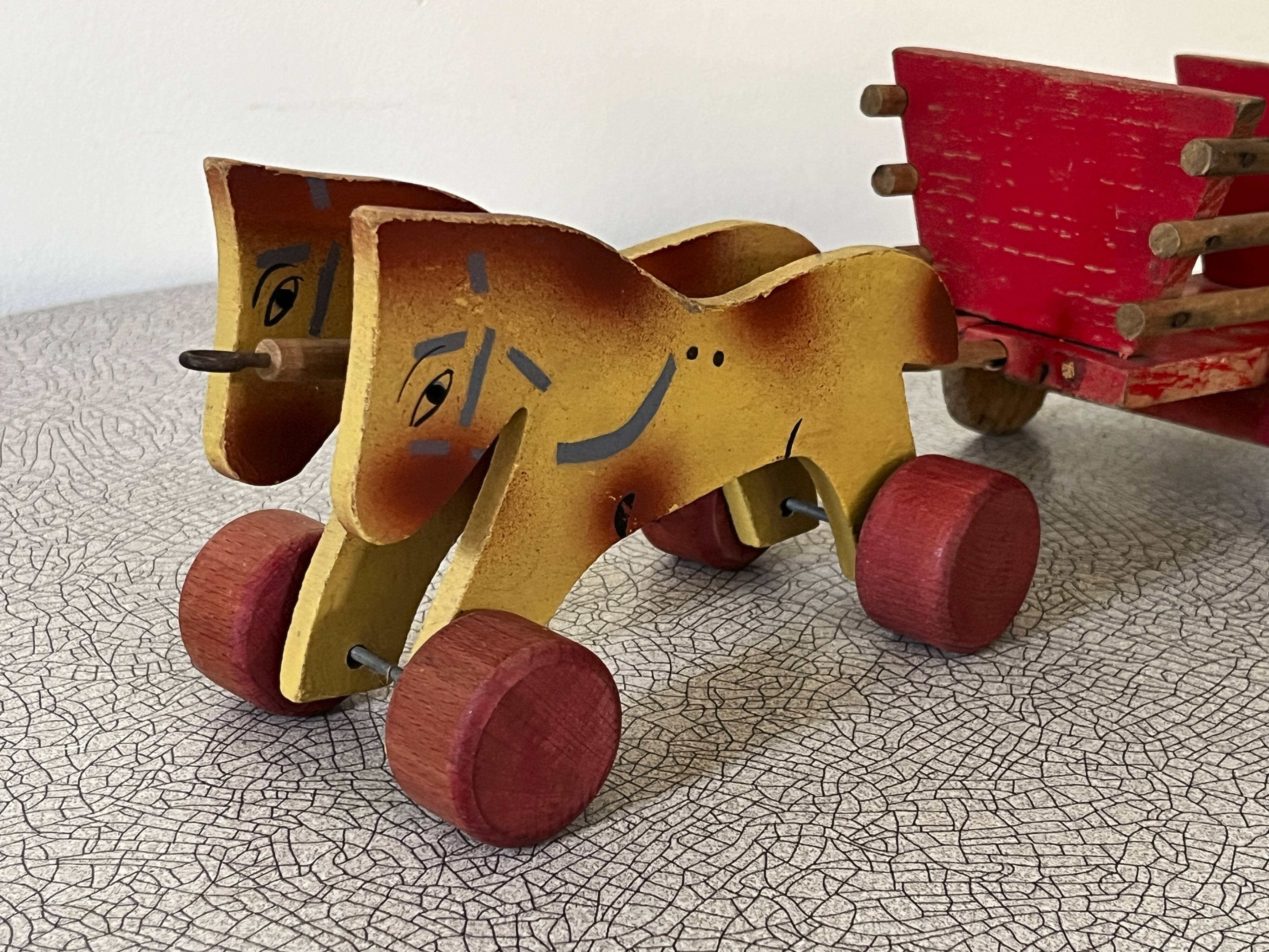 Wooden pull toy, double carriage and cart, antique toy