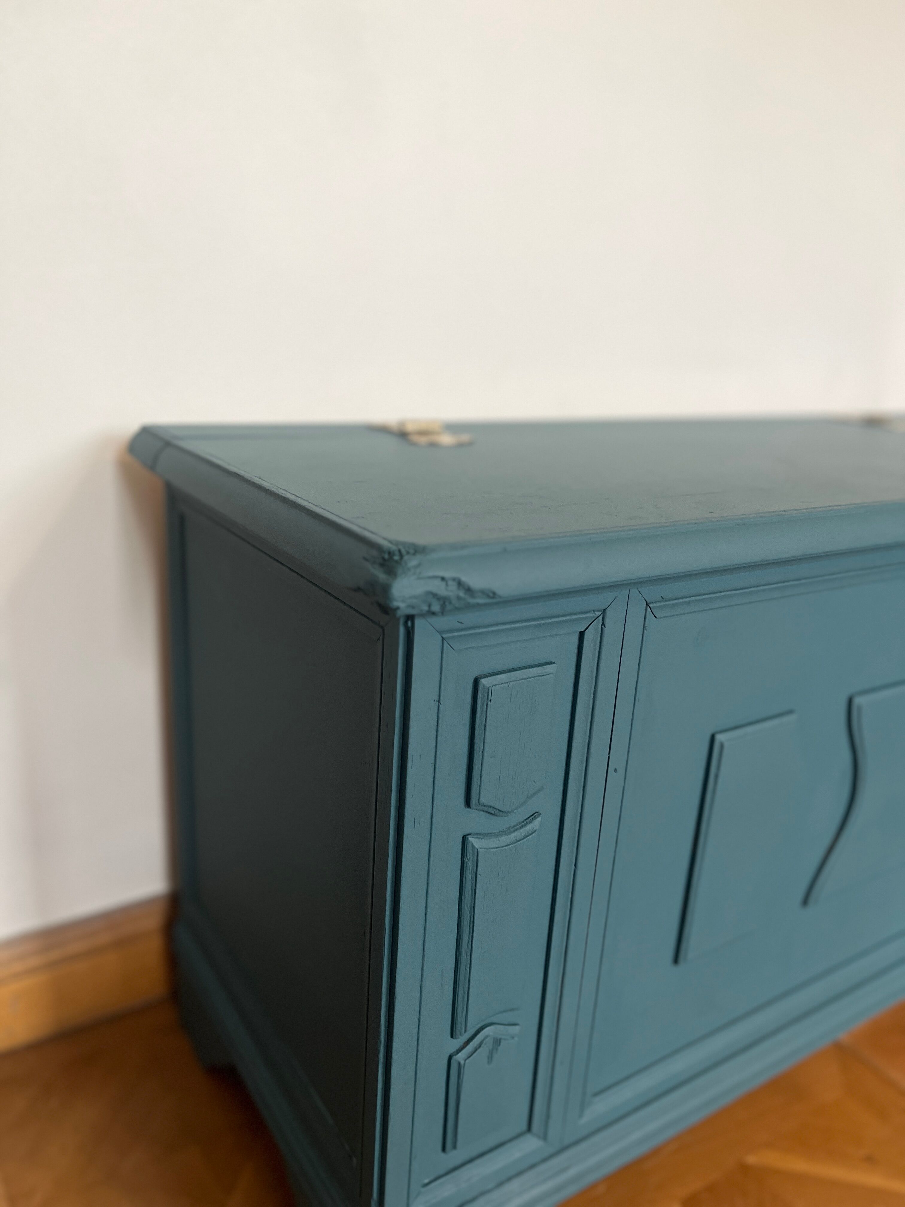 Peacock blue wooden toy chest