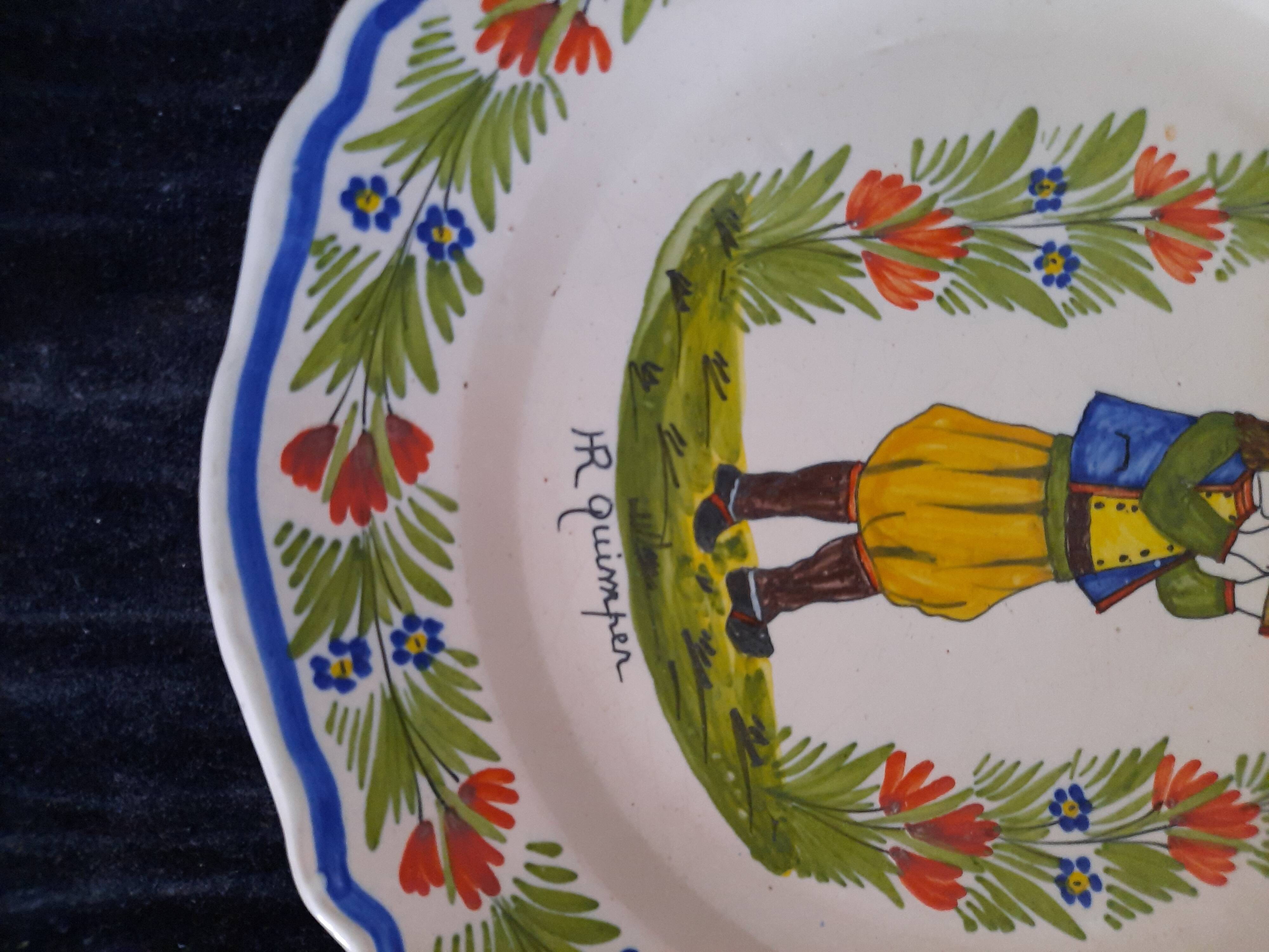 Old Plate HR Quimper Sonneur Player of Bombarde Hand Painted 24cm